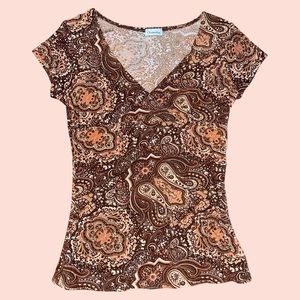 Vintage Made in USA Brown Paisley Babydoll Empire Top with Sparkle
